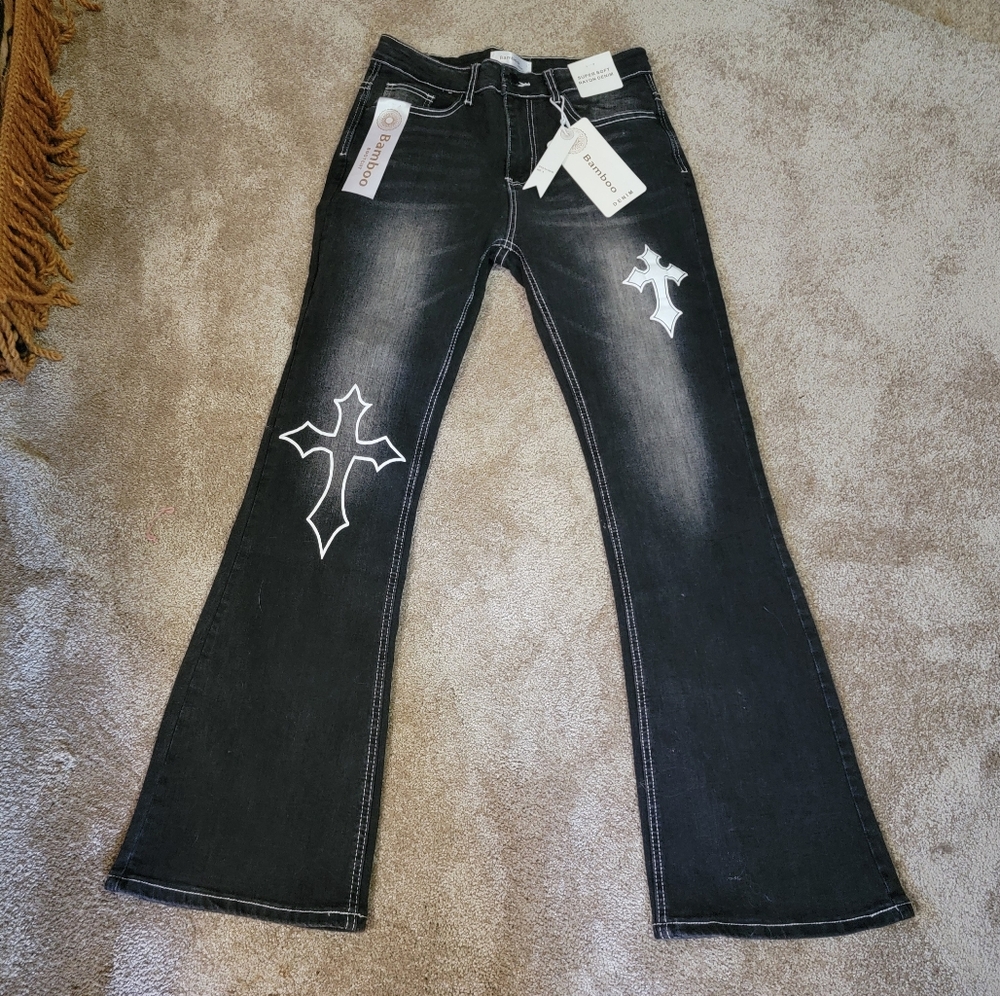 BAMBOO Black Flare Jeans with Silver Cross Accents Sz 9 New W Tag